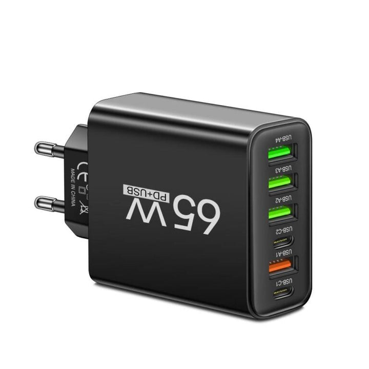 PowerMax 65W 6-i-1 snabbladdare – Laddar upp till 6 enheter samtidigt – Idealisk för hem, kontor och resor