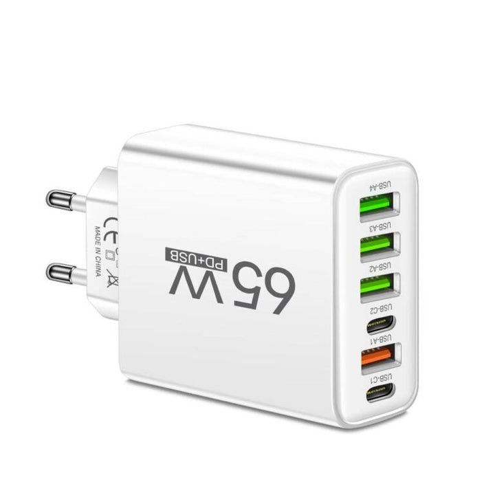PowerMax 65W 6-i-1 snabbladdare – Laddar upp till 6 enheter samtidigt – Idealisk för hem, kontor och resor