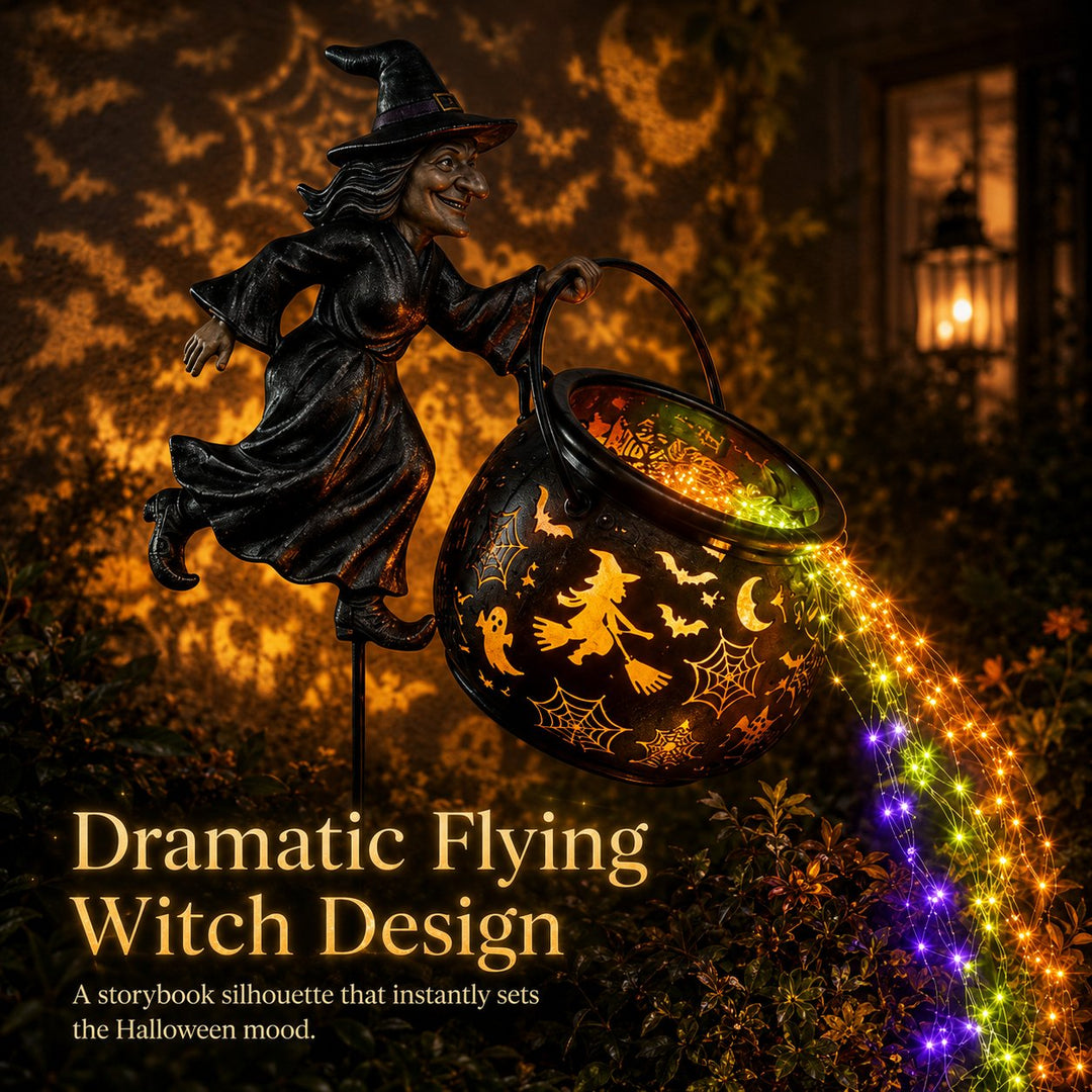 Halloween-trädgårdslampa i form av häxkittel med färgglatt sken och kusliga projektioner