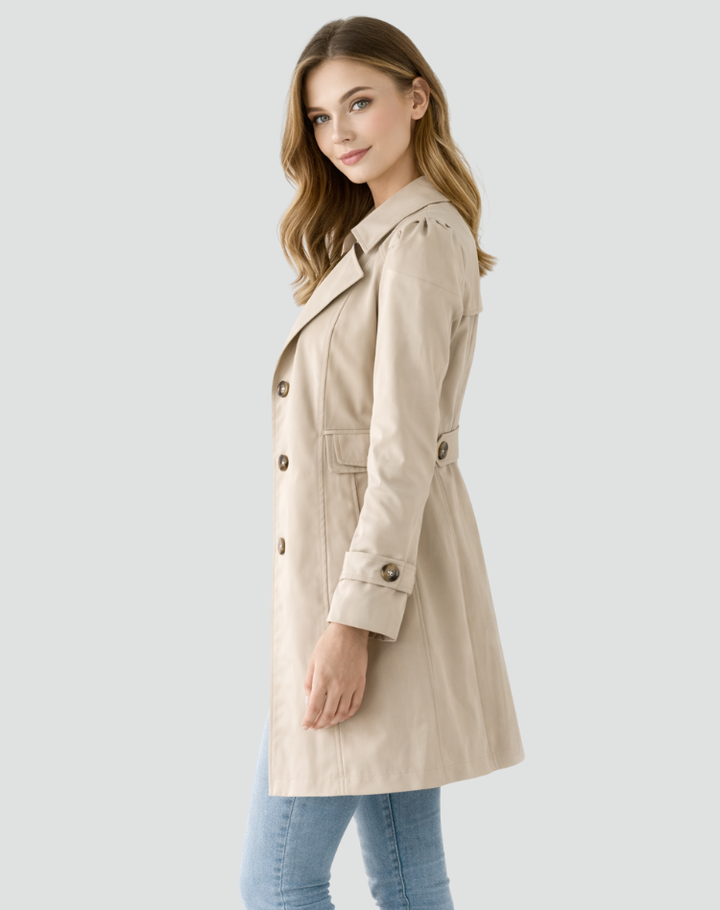 Figursydd trenchcoat dam med klassiska slag, mellanlång