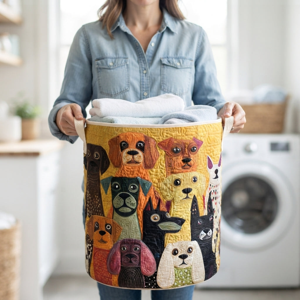Tvättkorg i quiltat tyg med canvashandtag, fristående och hopfällbar