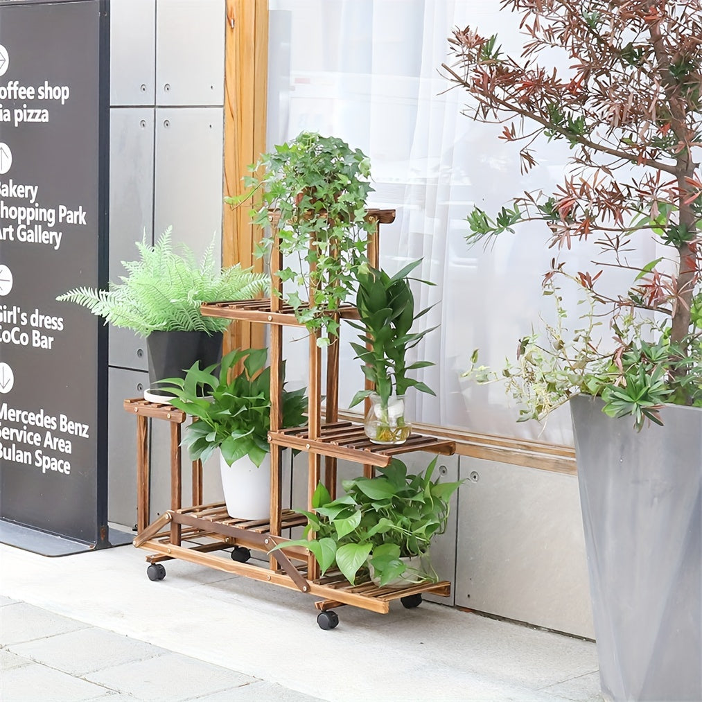 Plantställning i trä med 6 hyllor – kolbehandlad