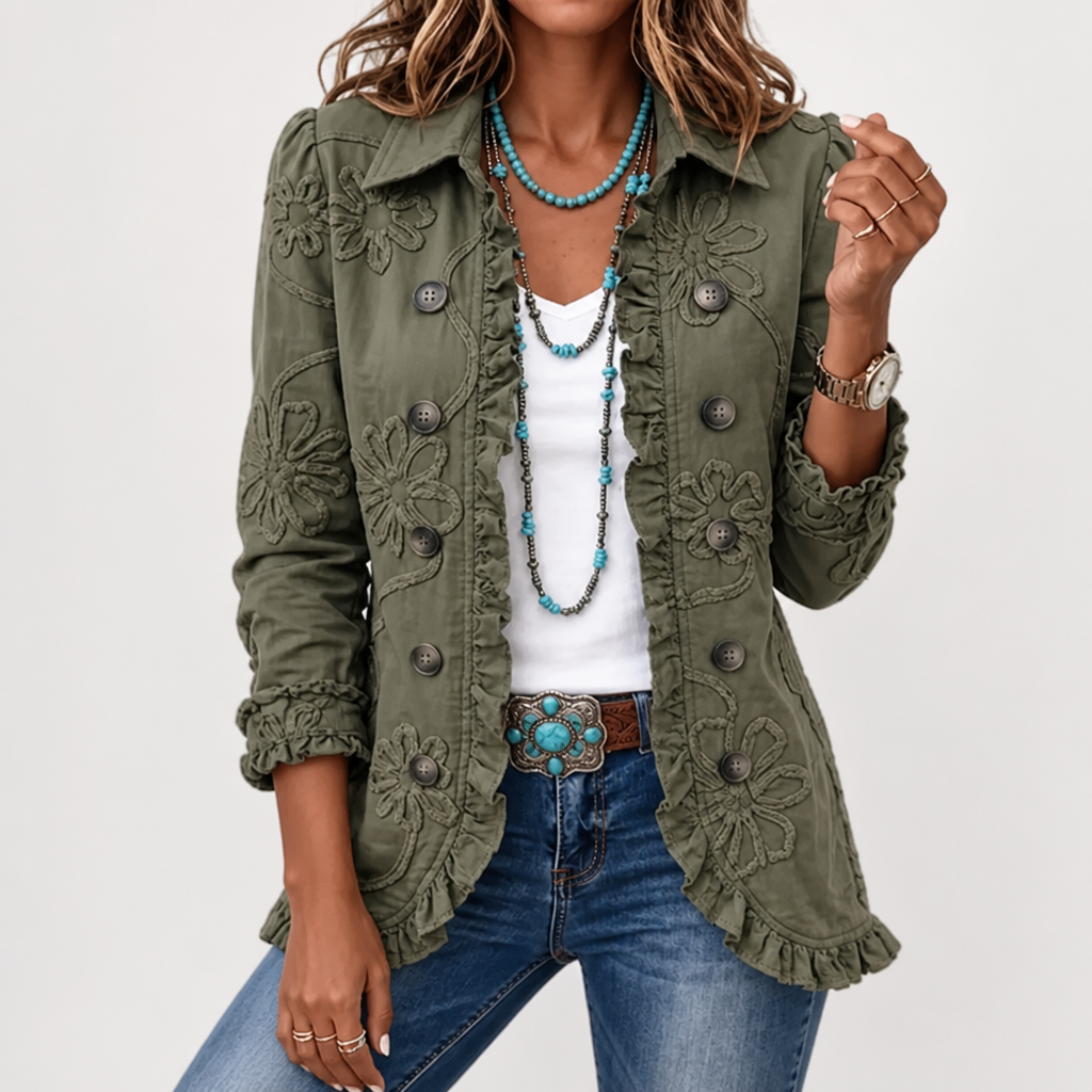 Blombroderad utility-jacka – vintage-boho-stil med volangkant