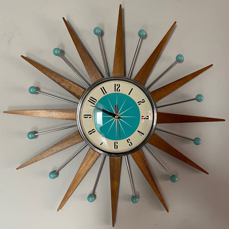 Handgjord väggklocka i mid-century-stil | Retro-väggdekoration, tyst & batteridriven