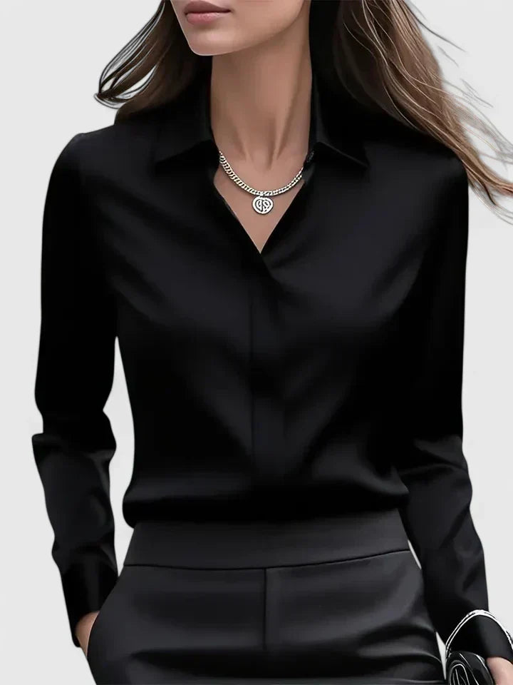Långärmad satinblus för dam – elegant kontorsblus