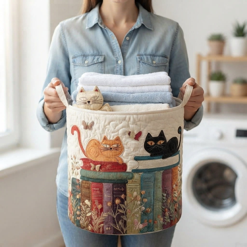 Quiltad tvättkorg med kattmönster, hopfällbar tvättkorg i tyg med handtag
