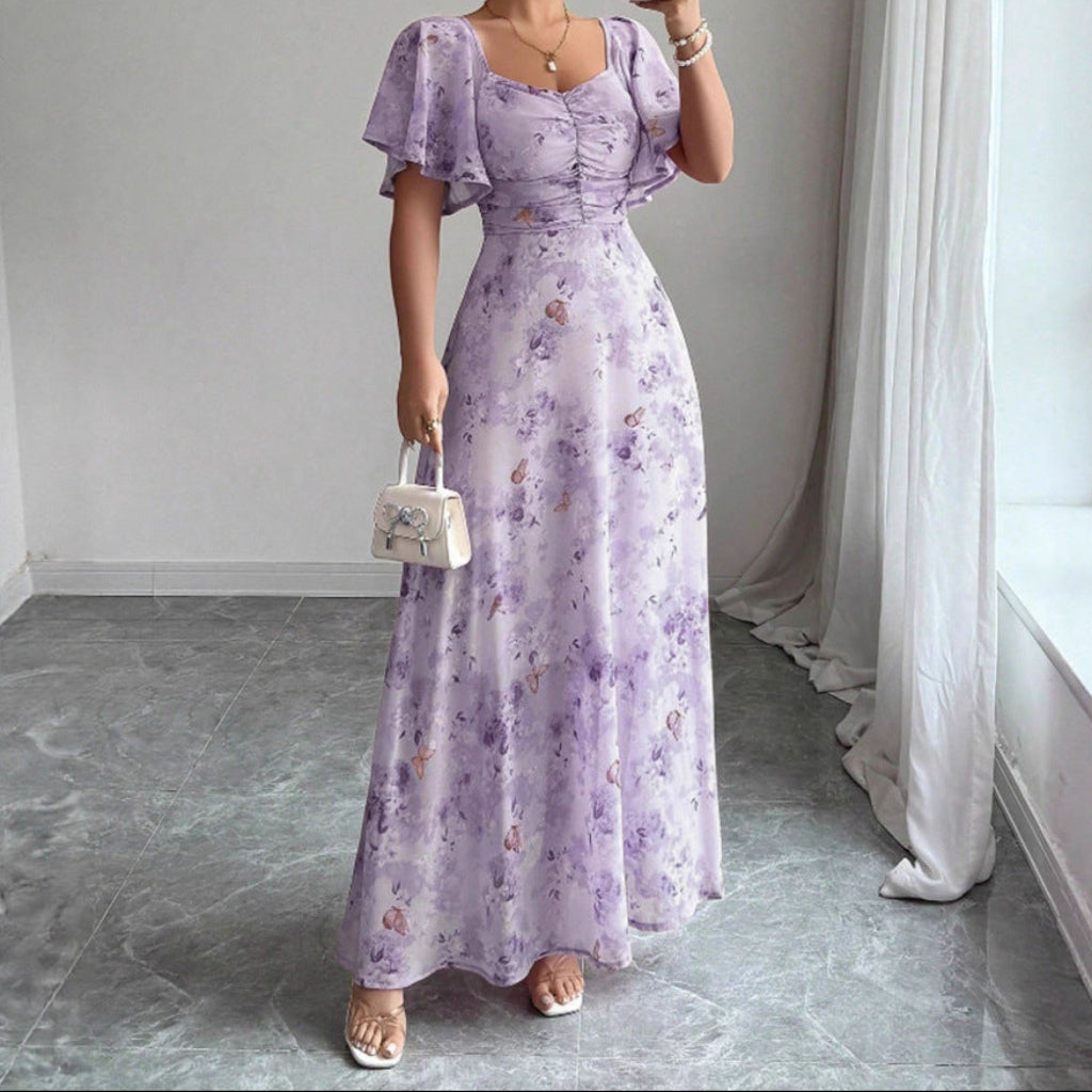 Flowers Printed Lotus Sleeve Dress Summer Elegant Slim Dresses Women's Clothing