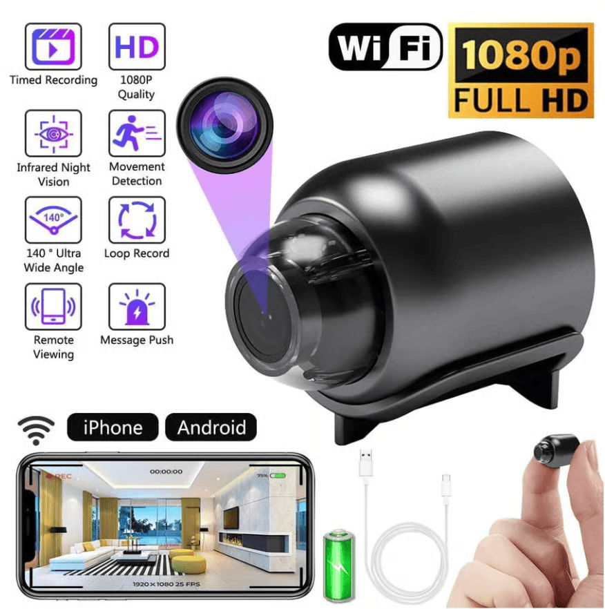 Mini 1080P HD WiFi-säkerhetskamera – spelar in video och ljud.