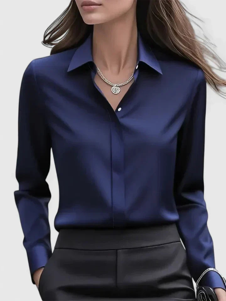 Långärmad satinblus för dam – elegant kontorsblus