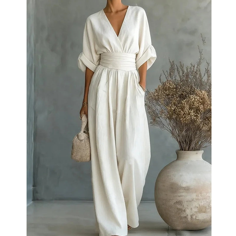 Elegant jumpsuit för dam med vida ben, V-ringning och flödande snitt