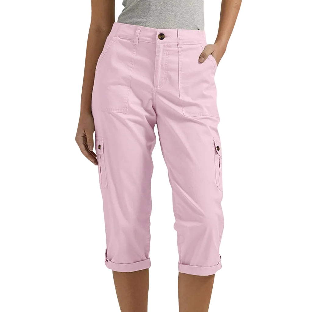 Solid Color Casual Cropped Pants - Women's High Waist Multiple Pockets Capri Trousers for Daily Wear