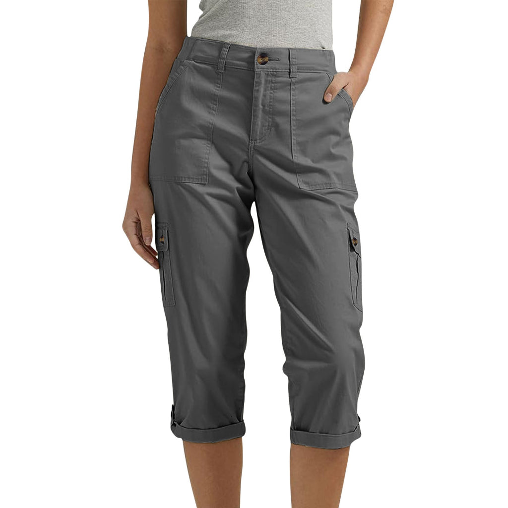 Solid Color Casual Cropped Pants - Women's High Waist Multiple Pockets Capri Trousers for Daily Wear