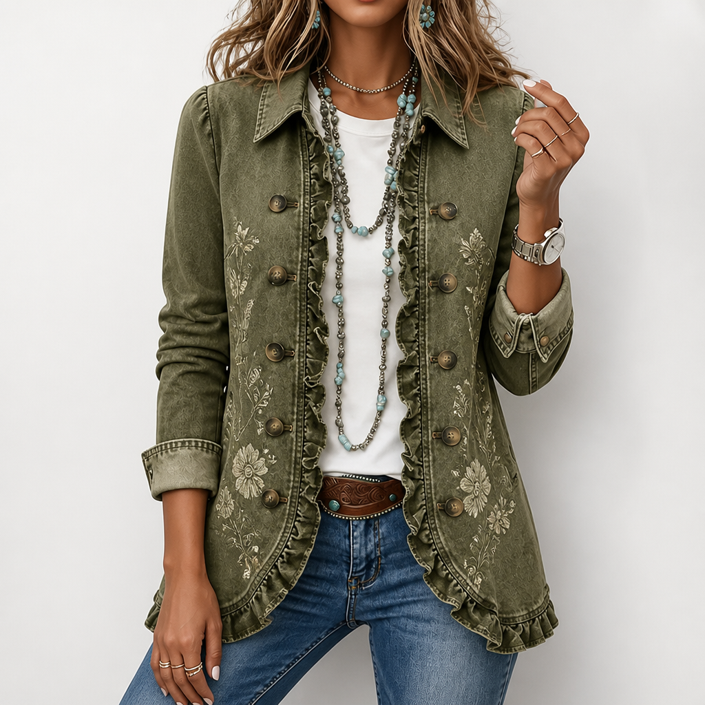 Blombroderad utility-jacka – vintage-boho-stil med volangkant
