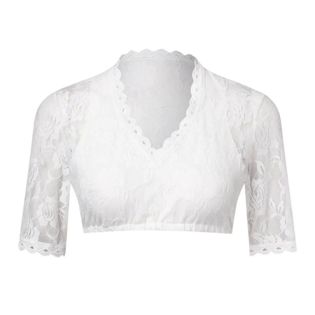 Dirndl-croptop dam med blommig spets och djup V-ringning