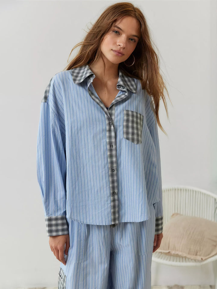 Pyjamasset för dam med skjorta med knappar och byxor med resårlinning