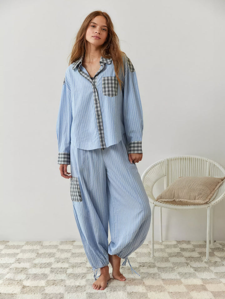 Pyjamasset för dam med skjorta med knappar och byxor med resårlinning