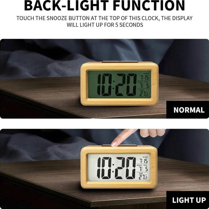 Digital klocka i trä – LED-display med temperatur och datum