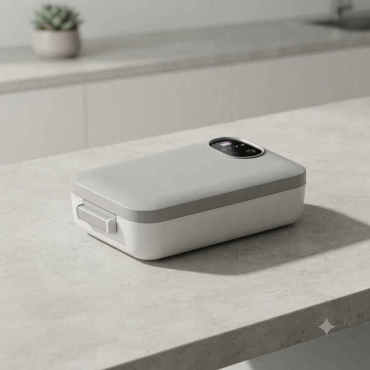 Sladdlös, självuppvärmande elektrisk lunchlåda med insats i rostfritt stål.
