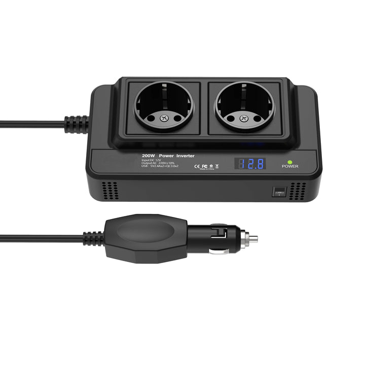 Kompakt bilväxelriktare 200W – Dubbla uttag & fyra USB-portar