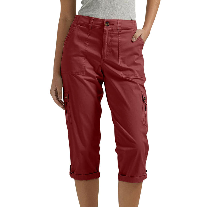 Solid Color Casual Cropped Pants - Women's High Waist Multiple Pockets Capri Trousers for Daily Wear