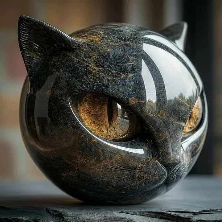 NoirCat-skulptur – svart katthuvud med hypnotiska ögon