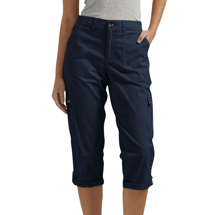 Solid Color Casual Cropped Pants - Women's High Waist Multiple Pockets Capri Trousers for Daily Wear