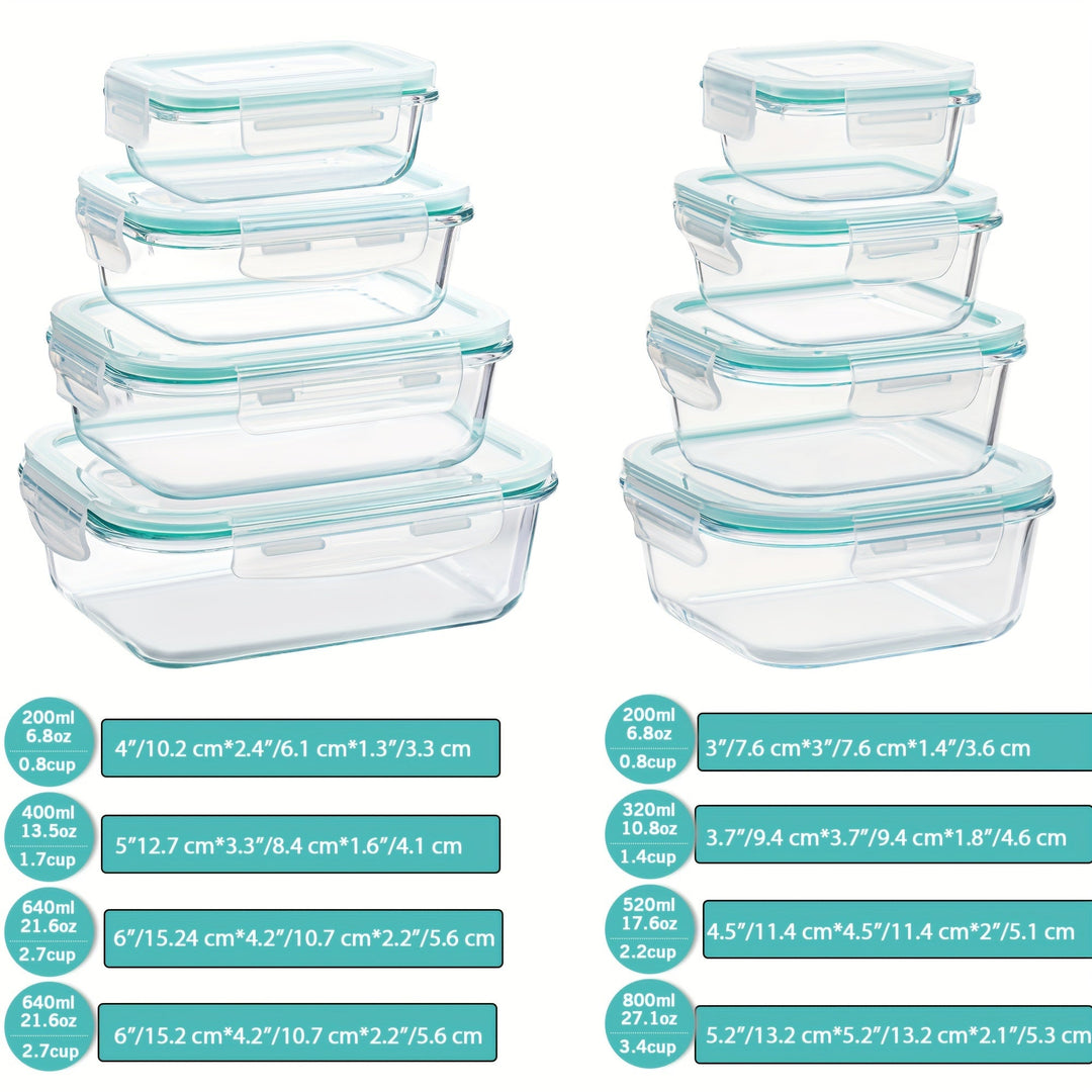 Set med 8 glasbehållare för mat – Bentolådor för matlagning, lufttäta, med läckagesäkra lock, lämpliga för mikrovågsugn, ugn, frys och diskmaskin, BPA-fria