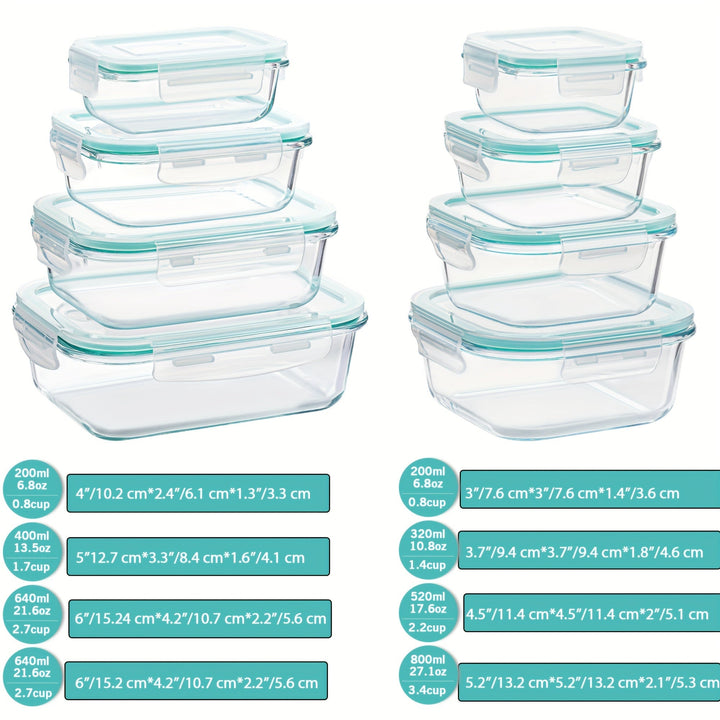 Set med 8 glasbehållare för mat – Bentolådor för matlagning, lufttäta, med läckagesäkra lock, lämpliga för mikrovågsugn, ugn, frys och diskmaskin, BPA-fria
