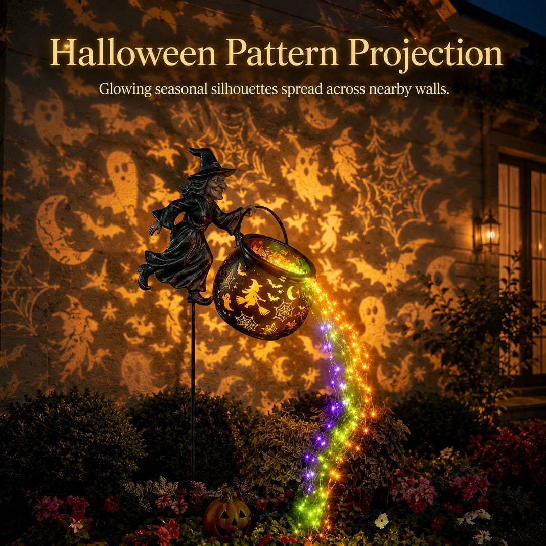 Halloween-trädgårdslampa i form av häxkittel med färgglatt sken och kusliga projektioner