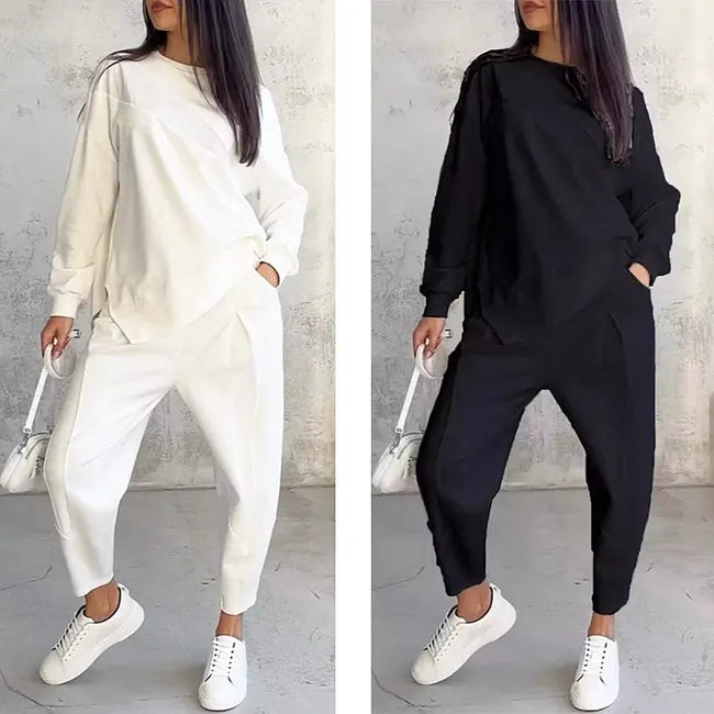 Tvådelat set: ledig långärmad sweatshirt och mjukisbyxor