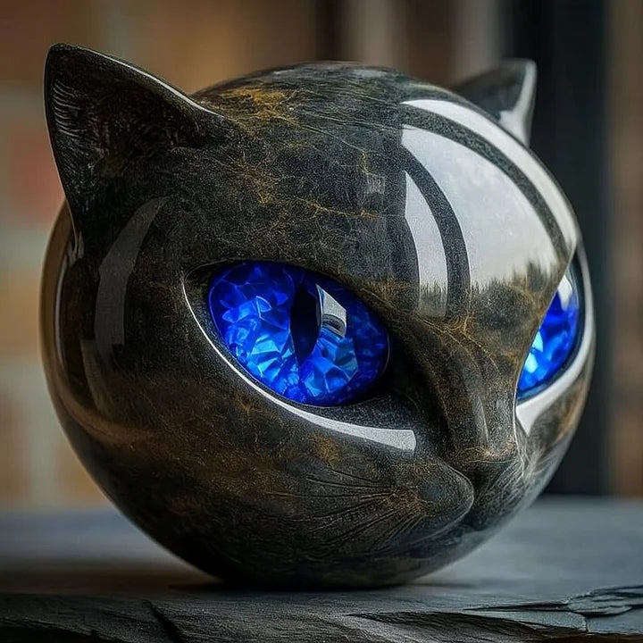NoirCat-skulptur – svart katthuvud med hypnotiska ögon