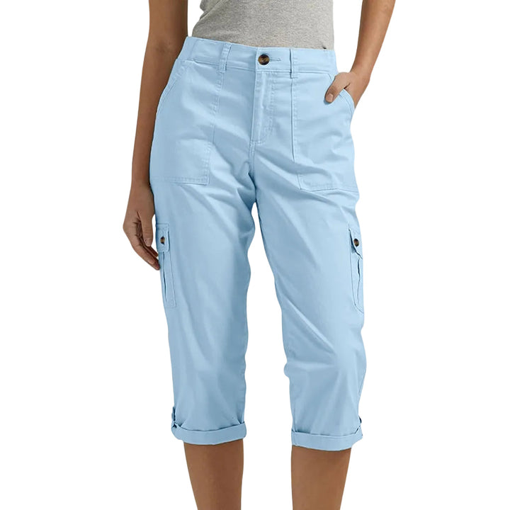 Solid Color Casual Cropped Pants - Women's High Waist Multiple Pockets Capri Trousers for Daily Wear