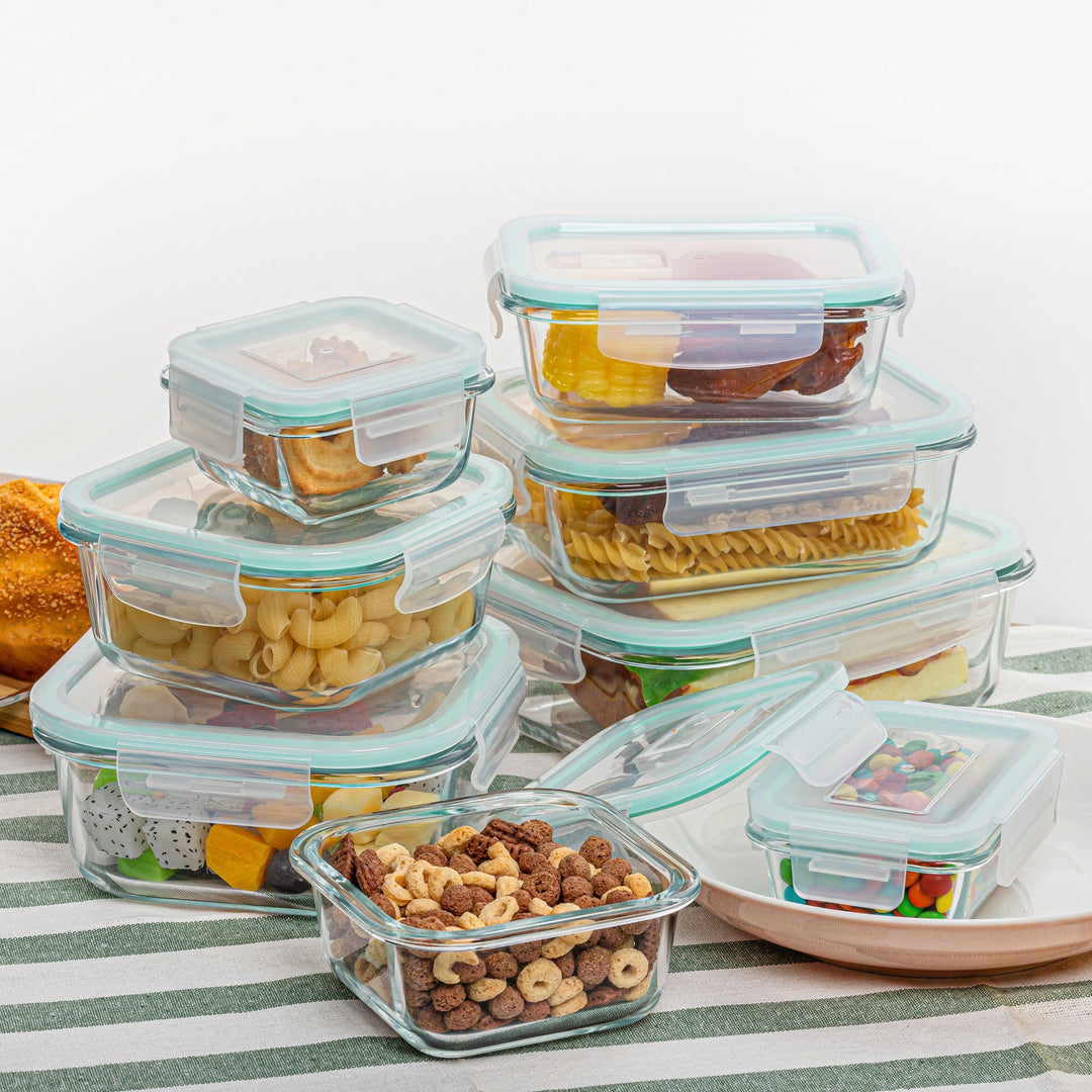 Set med 8 glasbehållare för mat – Bentolådor för matlagning, lufttäta, med läckagesäkra lock, lämpliga för mikrovågsugn, ugn, frys och diskmaskin, BPA-fria
