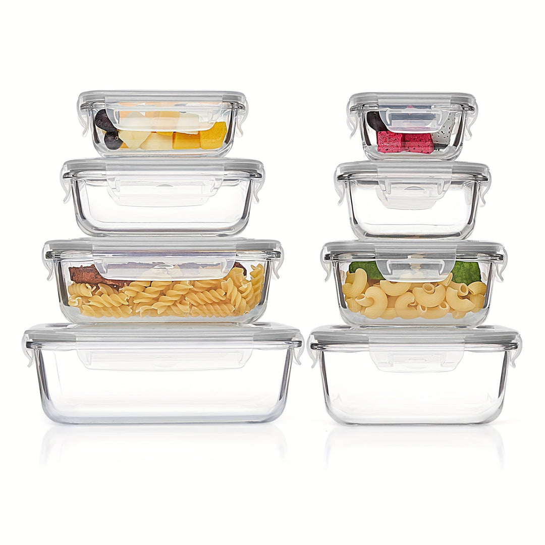 Set med 8 glasbehållare för mat – Bentolådor för matlagning, lufttäta, med läckagesäkra lock, lämpliga för mikrovågsugn, ugn, frys och diskmaskin, BPA-fria