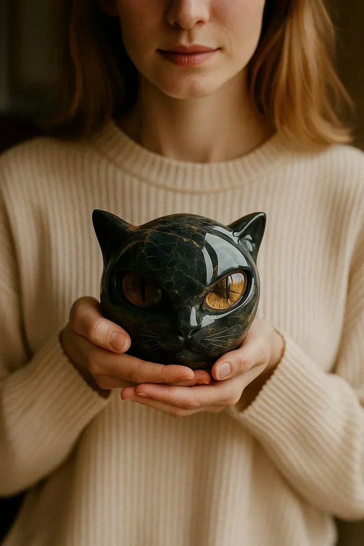 NoirCat-skulptur – svart katthuvud med hypnotiska ögon