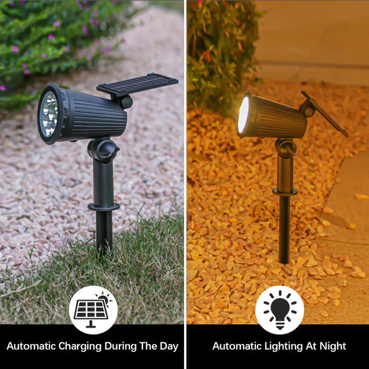 LED-trädgårdslampa med solcellsstrålkastare och skymningssensor