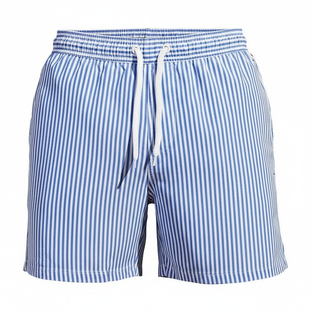Randiga badshorts för herr med dragsko i midjan