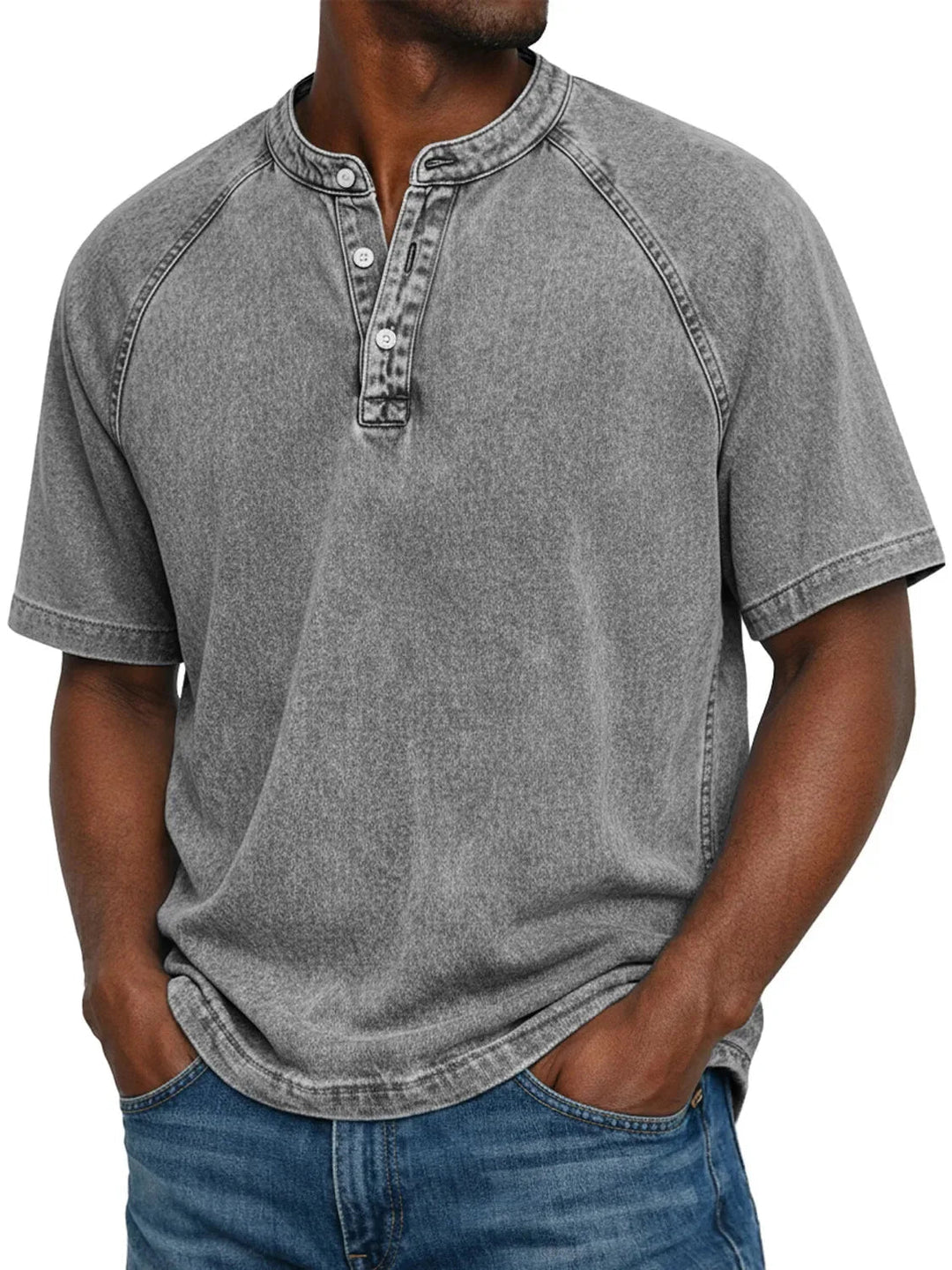 Kortärmad fritids-t-shirt för herr med raglanärmar i tvättad henley-stil