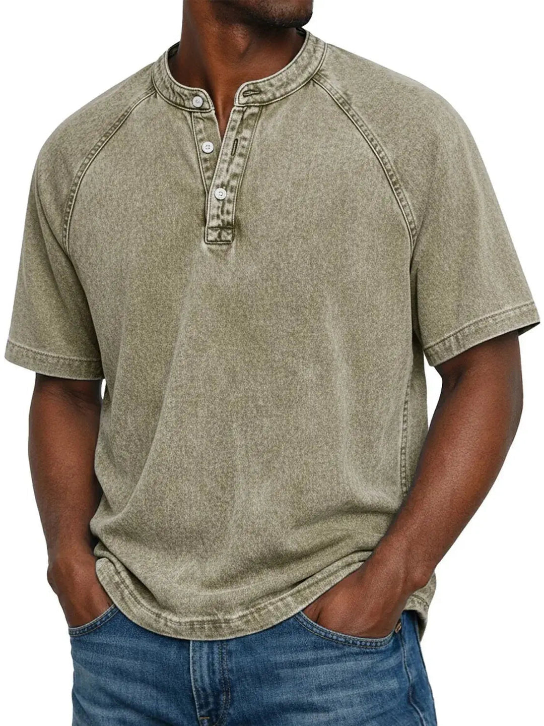 Kortärmad fritids-t-shirt för herr med raglanärmar i tvättad henley-stil
