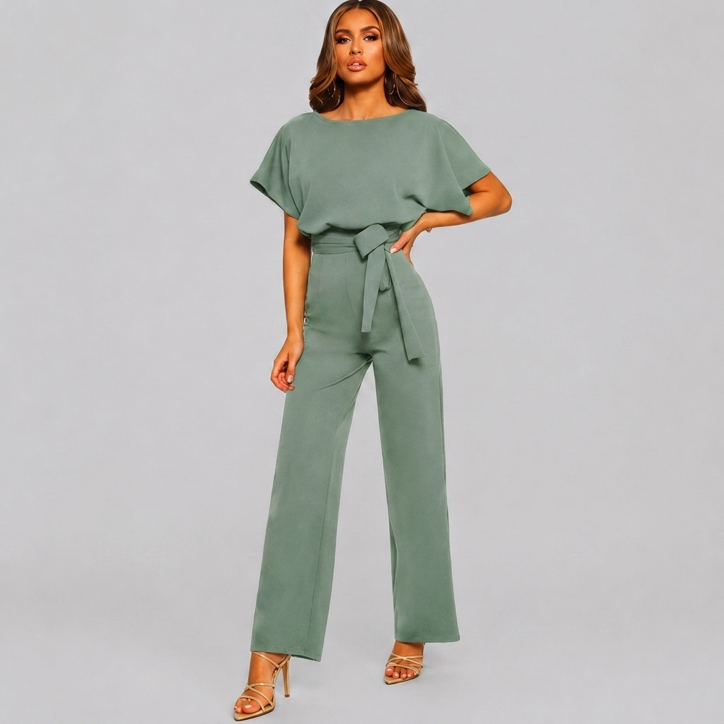 Kvinnors Jumpsuit med Kort Ärmar och Rak Ben