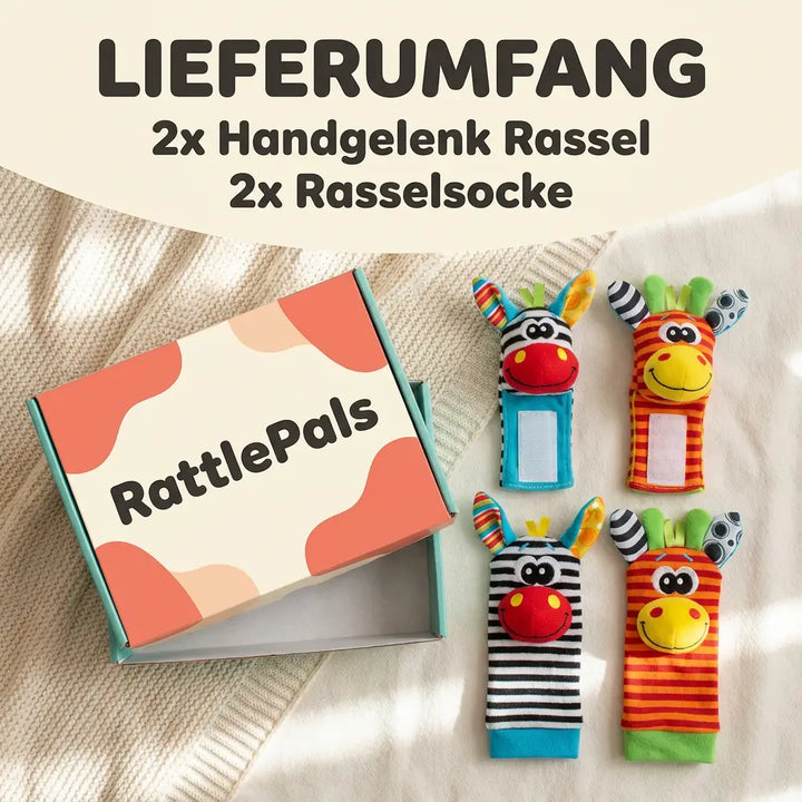 Set med rasslande hand- och fotsockor för baby, 4 delar, bomull, 0–12 månader