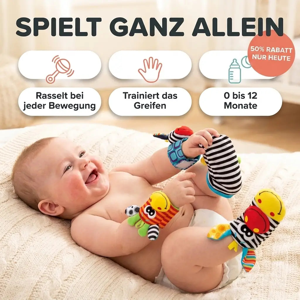 Set med rasslande hand- och fotsockor för baby, 4 delar, bomull, 0–12 månader