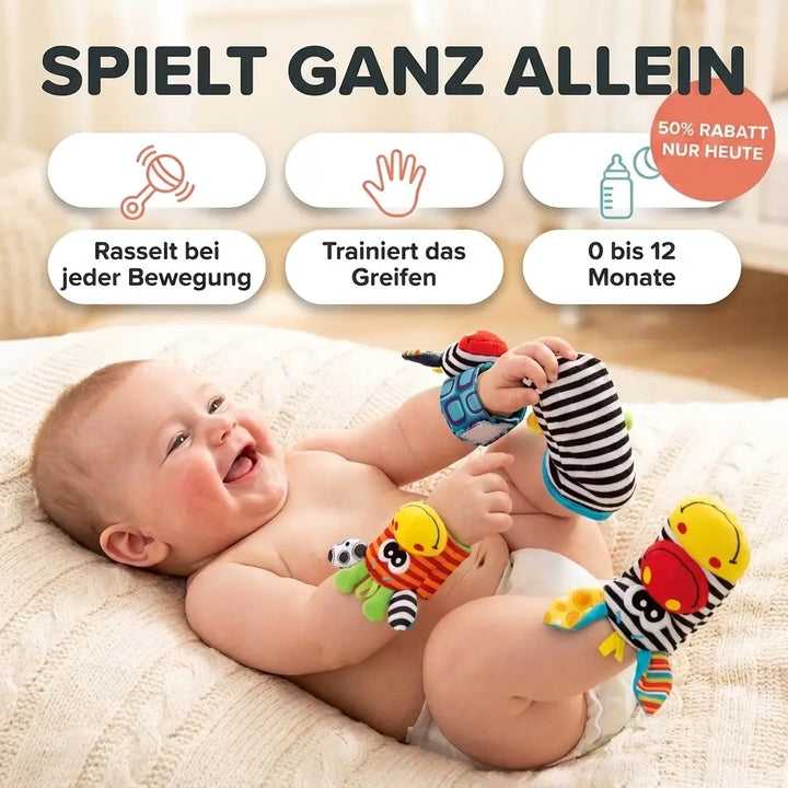 Set med rasslande hand- och fotsockor för baby, 4 delar, bomull, 0–12 månader