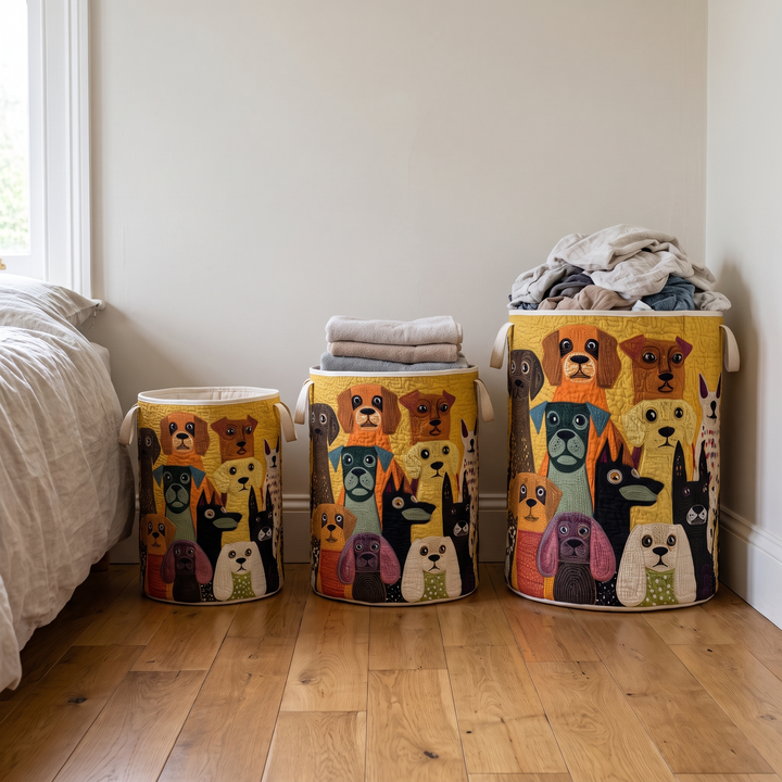 Tvättkorg i quiltat tyg med canvashandtag, fristående och hopfällbar