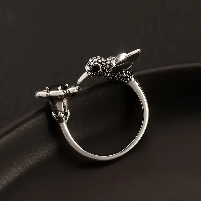 Kolibri & Blomma Ring – Justerbar öppen fågelring för kvinnor