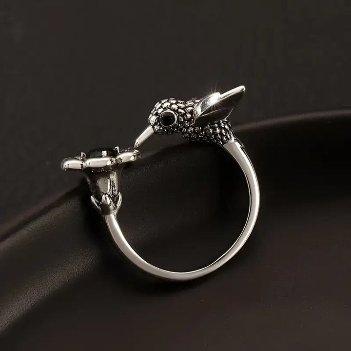 Kolibri & Blomma Ring – Justerbar öppen fågelring för kvinnor
