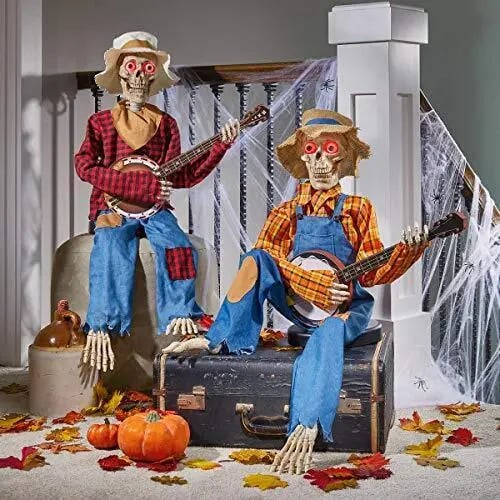 Hauntique animerad skelettduo | Halloweendekoration med ljud- och rörelseaktivering, musik och ljus