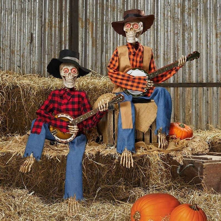 Hauntique animerad skelettduo | Halloweendekoration med ljud- och rörelseaktivering, musik och ljus