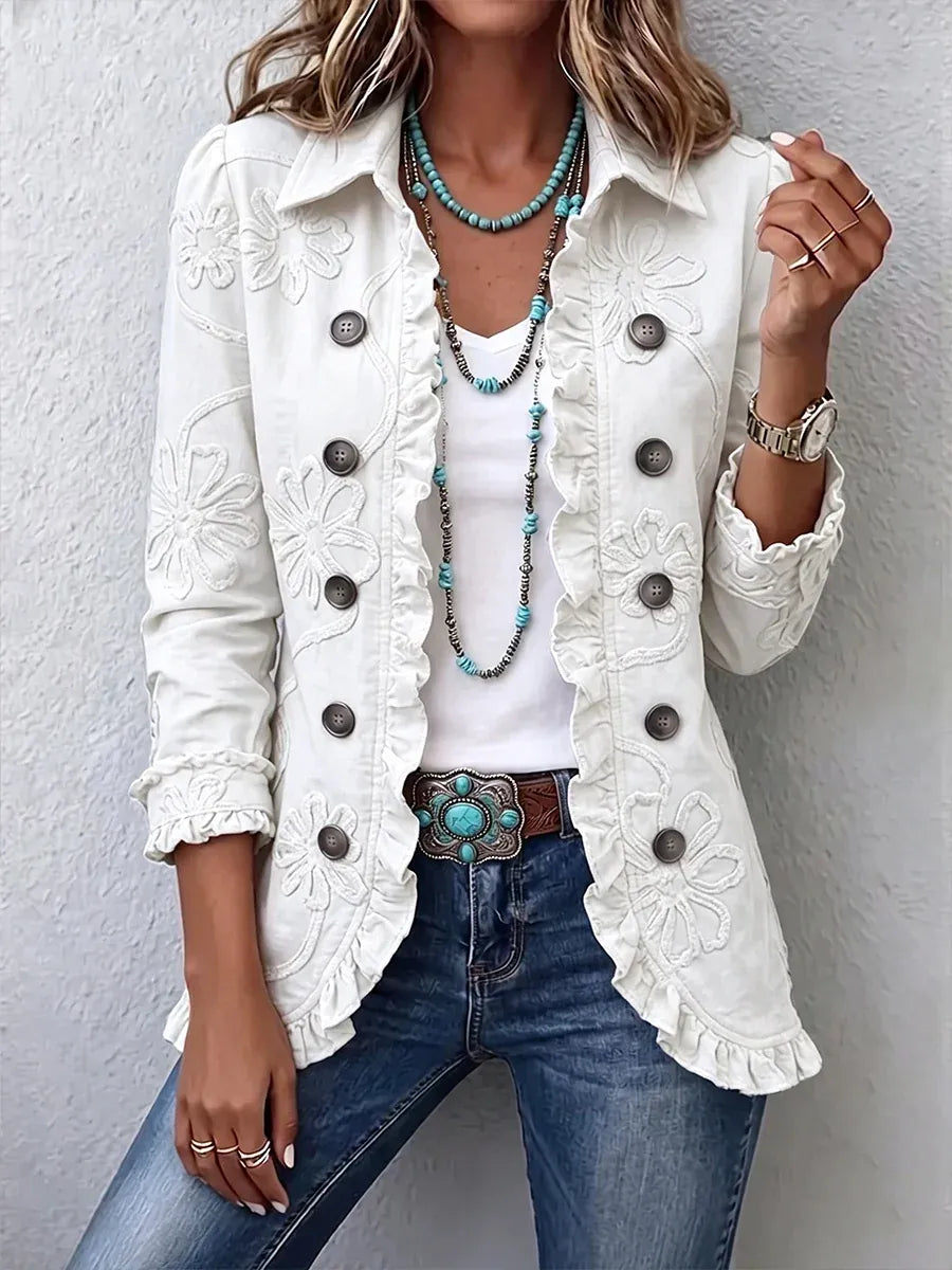 Blombroderad utility-jacka – vintage-boho-stil med volangkant