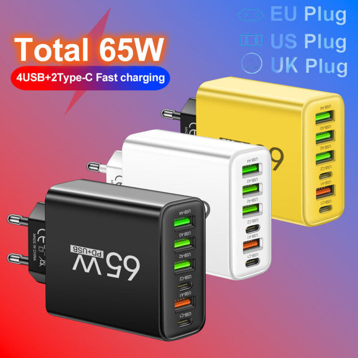 PowerMax 65W 6-i-1 snabbladdare – Laddar upp till 6 enheter samtidigt – Idealisk för hem, kontor och resor